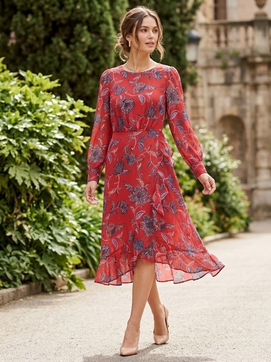 Chelsea28 Dresses & Skirts - Chelsea28 Red Paisley Print Faux Wrap Midi Dress Garden Full Sleeve Women’s S